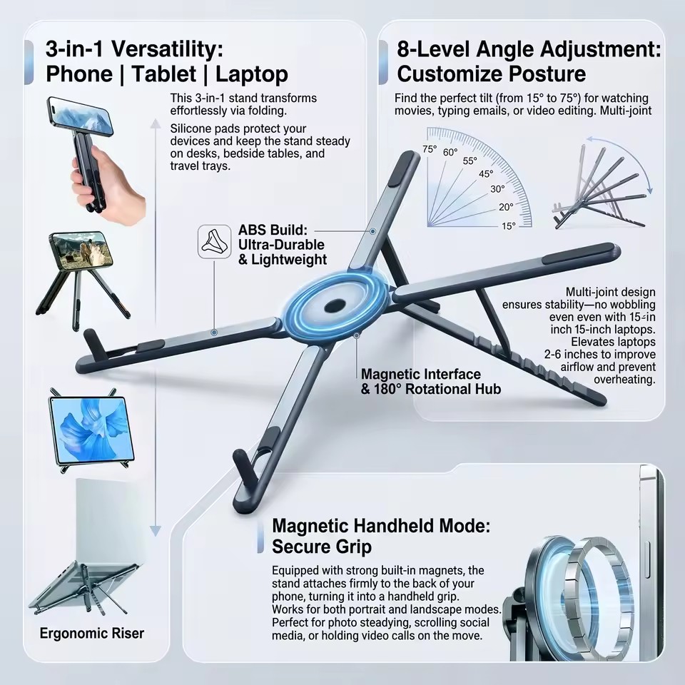 Desk Setup At Home - ที่วางโทรศัพท์แม่เหล็กแบบพกพาและไม้เซลฟี่ 3-in-1 ขาตั้งกล้องแบบพับได้สำหรับ iPhone iPad แท็บเล็ต
